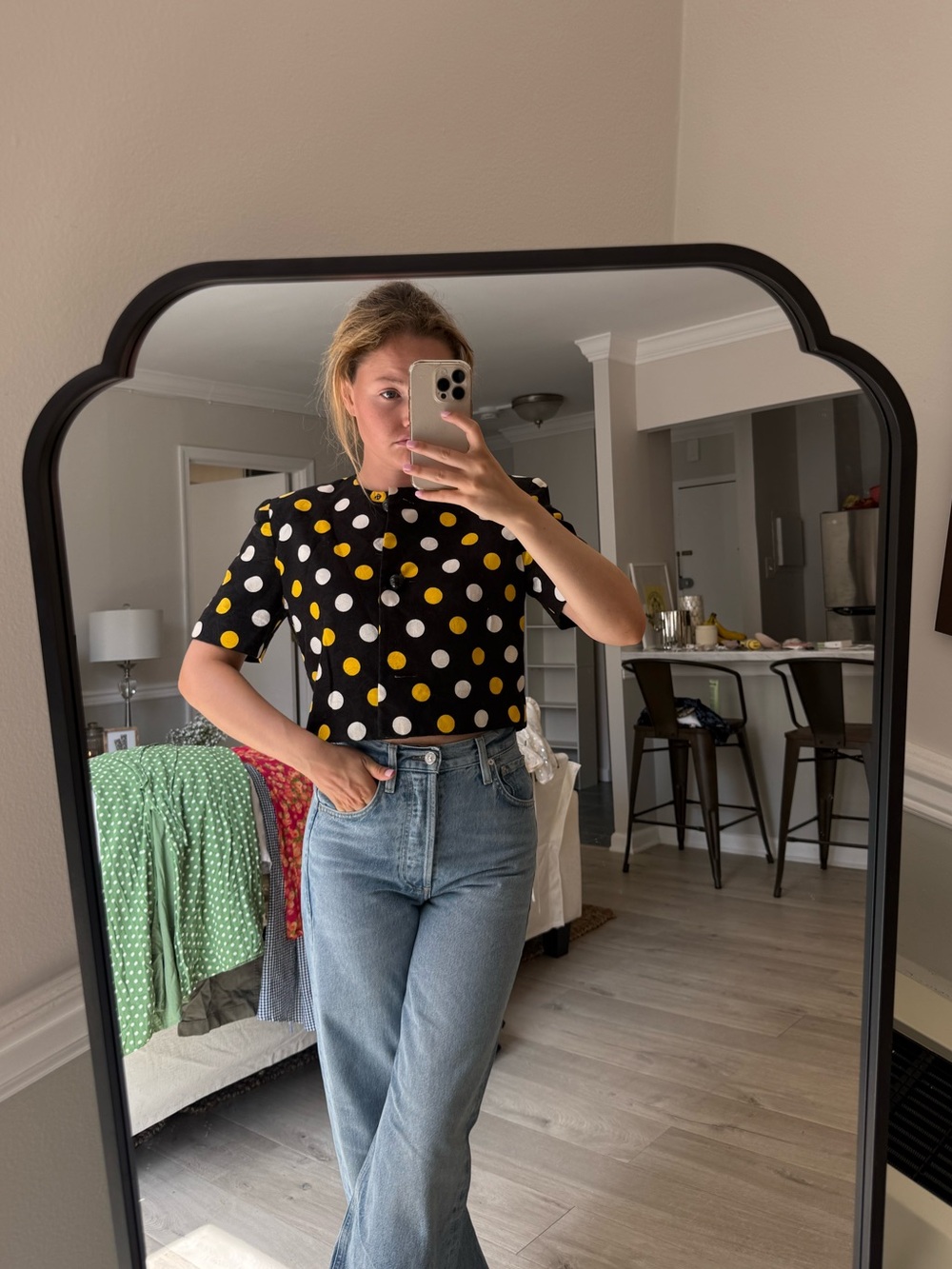 Reformation Vintage Black and Yellow Polka Dot Crop Top
